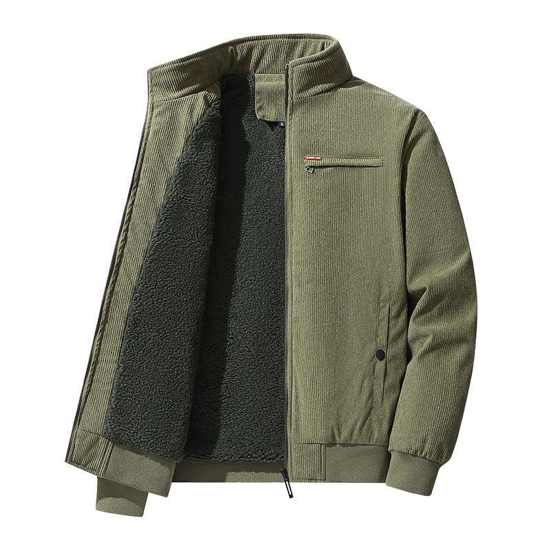 Olive green jacket with fleece-lined front, stand collar, chest zip pocket, zip front