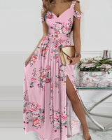 Spaghetti Strap Floral Print Split Dress - WOMONA.COM