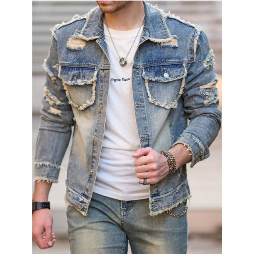 Front view of light blue distressed denim jacket with button front and patch pockets