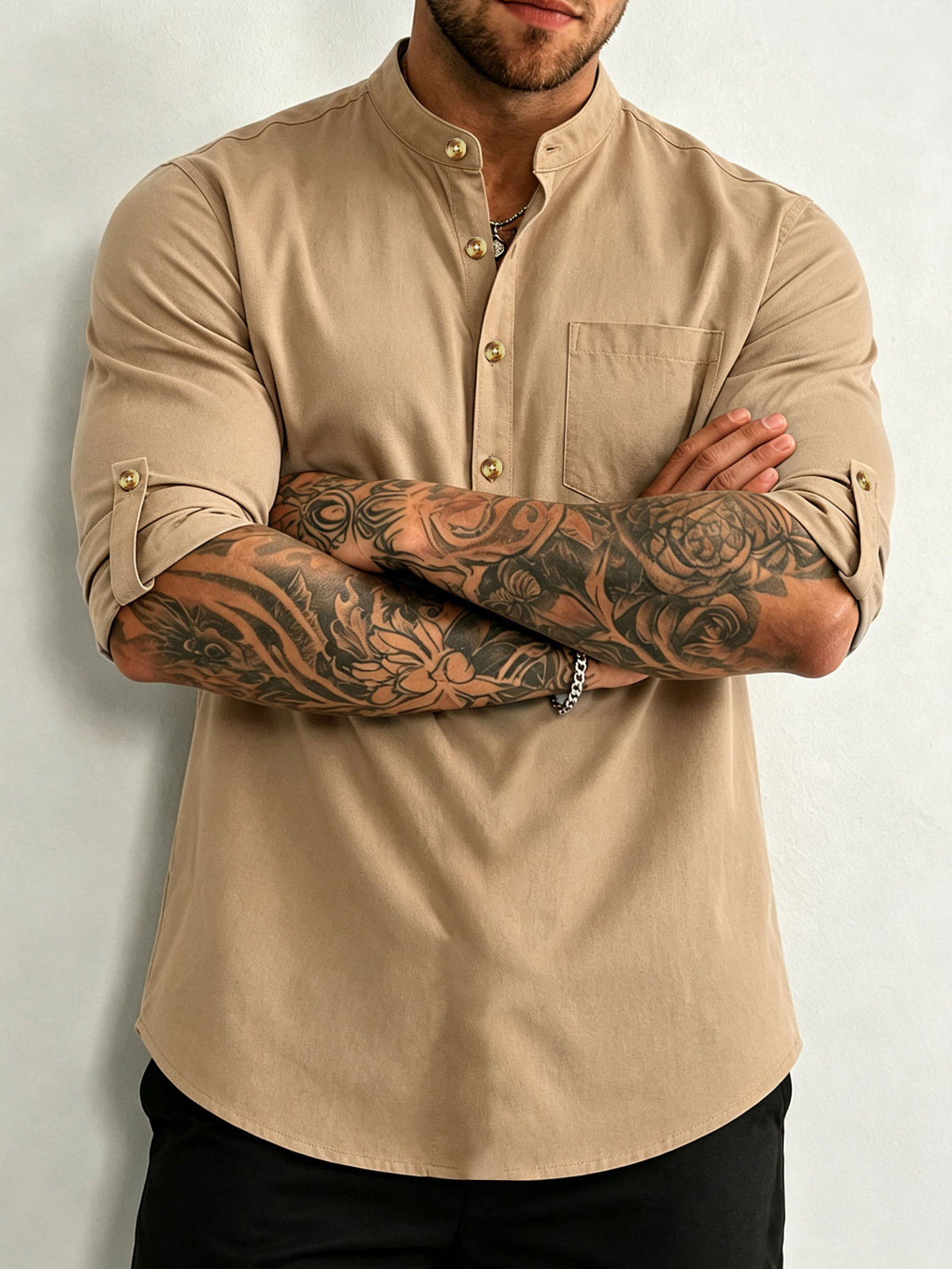 Men's cotton mid-sleeve henley shirt in apricot tan, button front and chest pocket