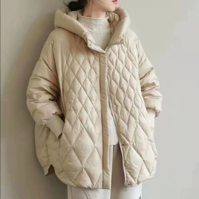 Diamond Lattice Artistic Loose White Duck Down Jacket - WOMONA.COM