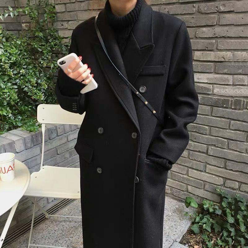 Women's black wool coat, long double-breasted with stand collar and side buttons