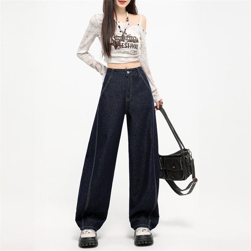 Dark blue wide-leg jeans with button closure and contrast seam detail, front view.