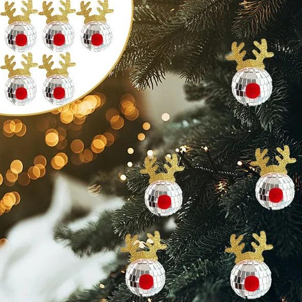 Disco mirror Christmas ball ornament with gold reindeer horn and red gem center