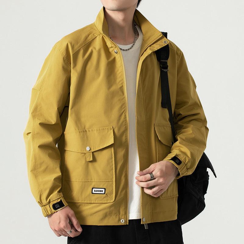Men's yellow loose jacket with stand collar, zip front, two flap chest pockets