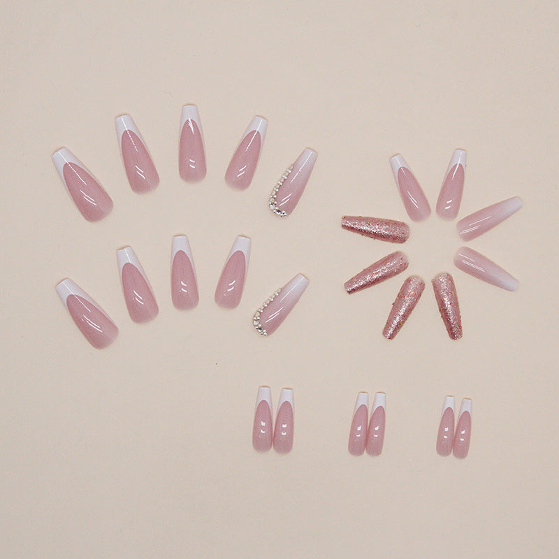 French Gradient Length Pile Rhinestone Fake Nails - WOMONA.COM