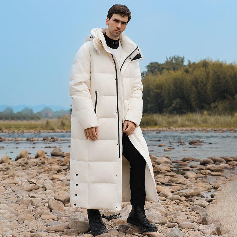 Men's long white hooded puffer coat with zip front and side pockets