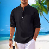 Men's Cotton And Linen Stand Collar Long Sleeve Shirt - WOMONA.COM