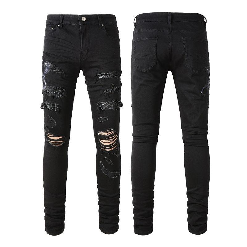 Broken Three Headed Snake Embroidery Patchwork Jeans - WOMONA.COM
