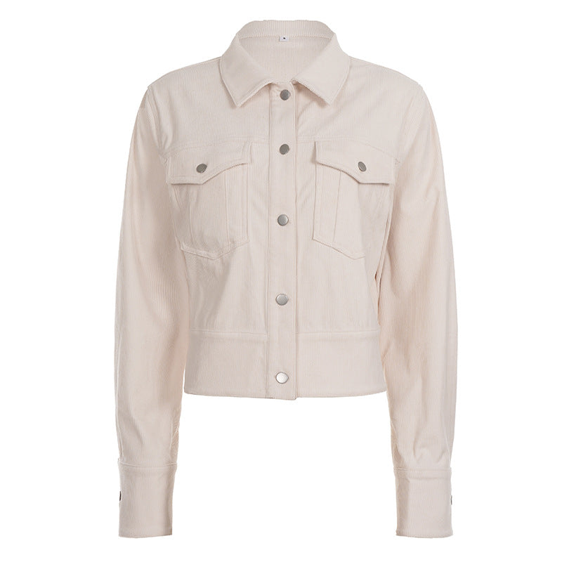 Light beige corduroy jacket with button front and flap pockets, long sleeves