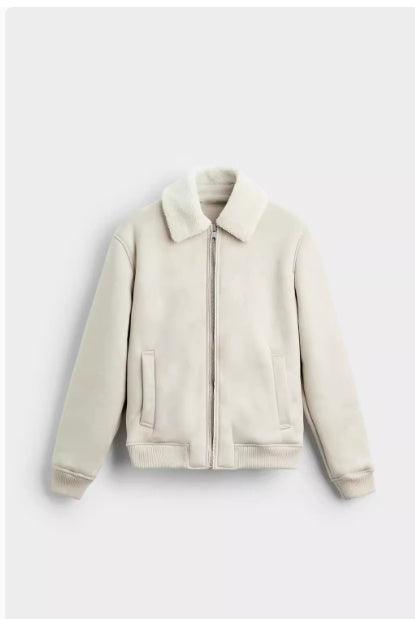 Light beige suede texture zip-up jacket with stand collar and two chest pockets