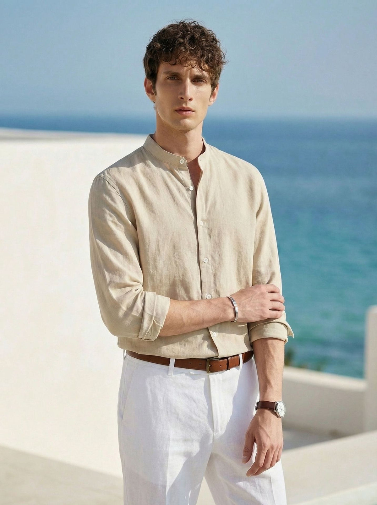 Men's natural linen long-sleeve button-up shirt with stand collar
