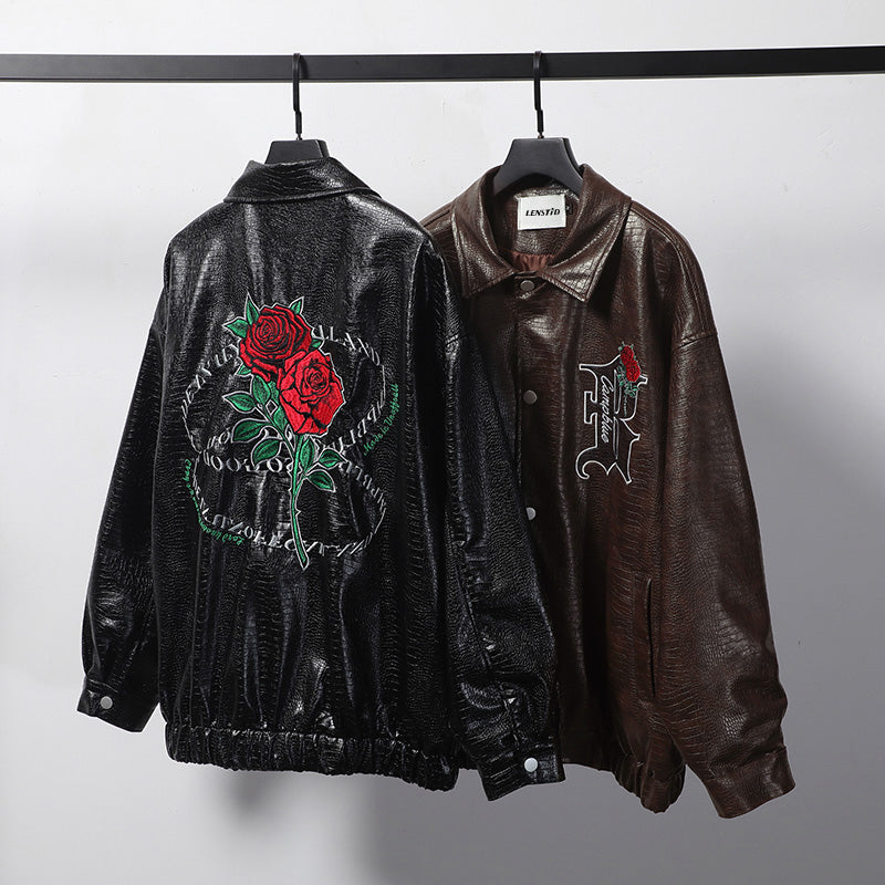 Rose Embroidered PU Leather Statement Jacket - WOMONA.COM