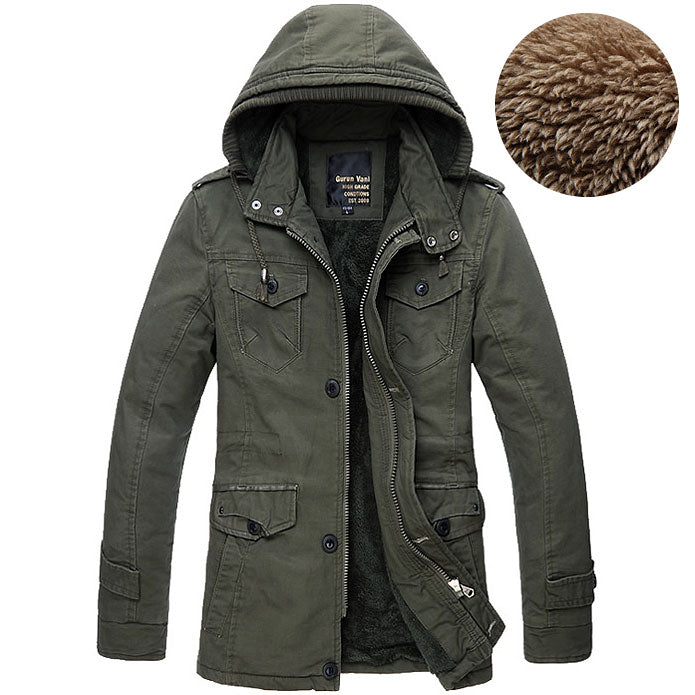 Men's 100% cotton padded fleece-lined jacket with detachable hood in black, yellow and army green – photo 1 of 8