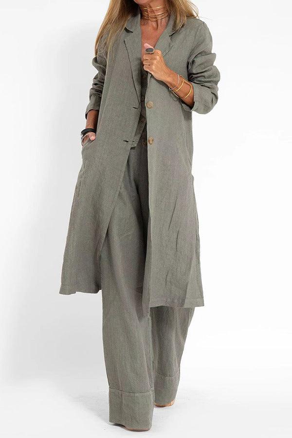 Gray long trench coat with notch collar, button front, and side pockets