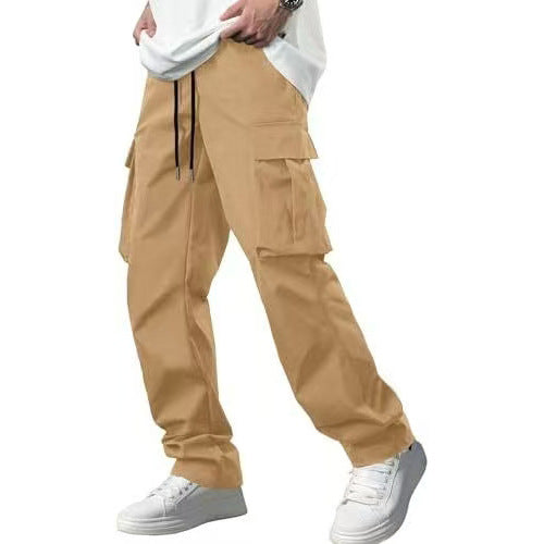 Men's light tan drawstring cargo pants with side cargo pockets and cuffed hems