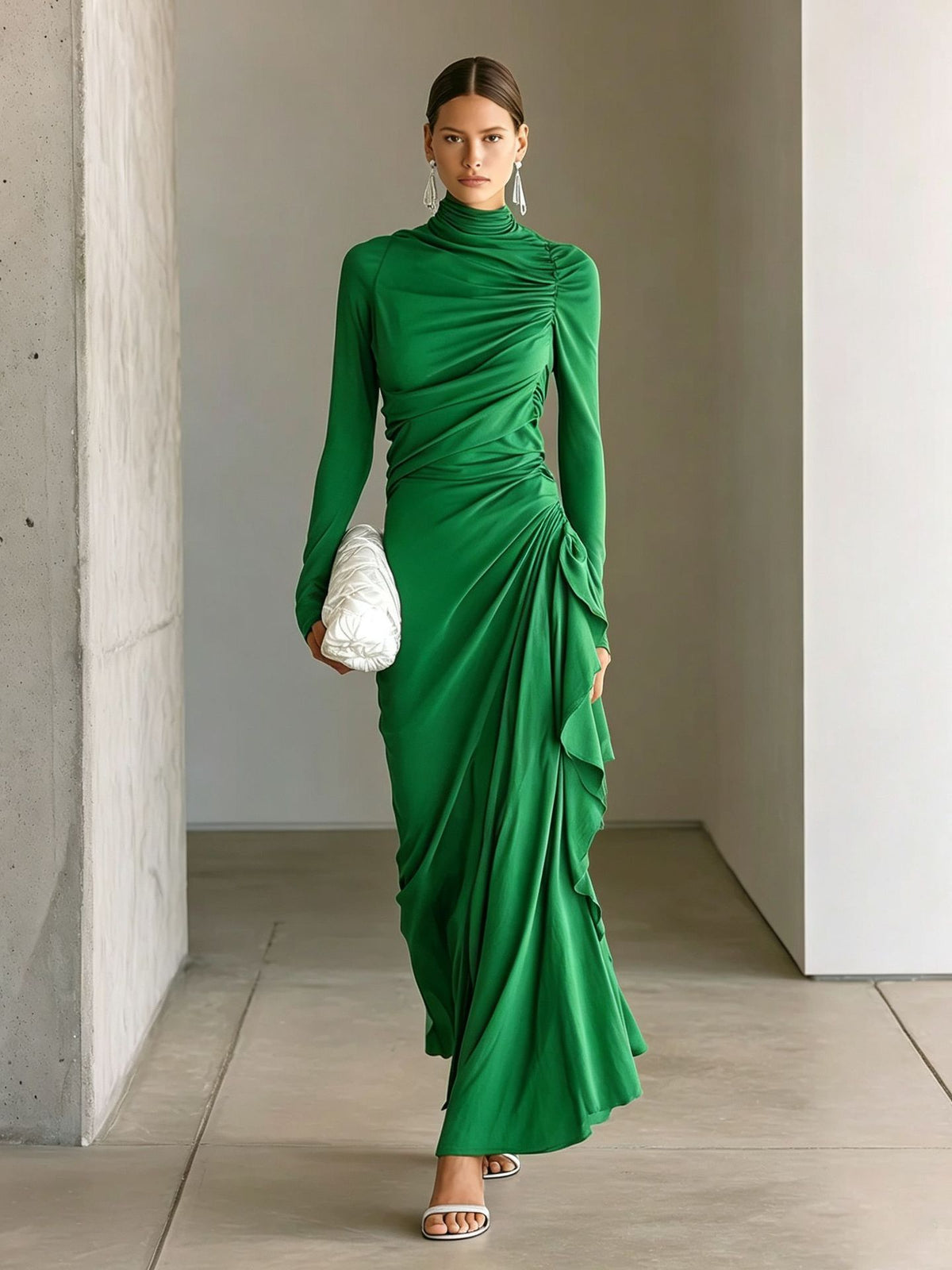 Green high-neck long-sleeve ruched slim-fit pleated drape dress, asymmetrical hem