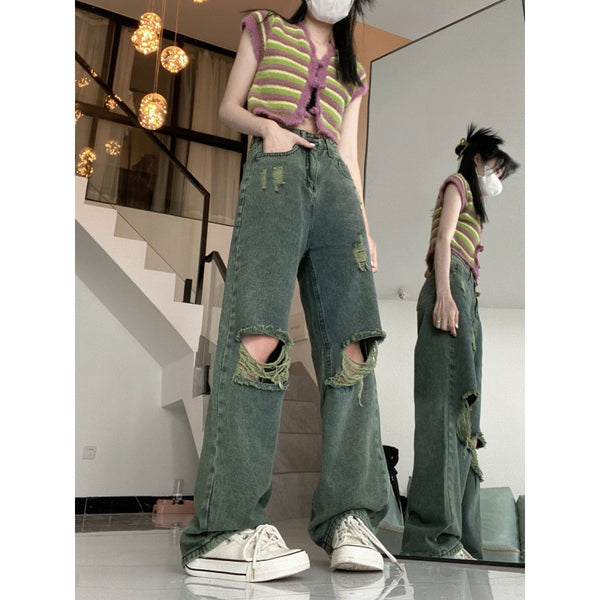 American Dark Green Torn Jeans With Wide Leg - WOMONA.COM