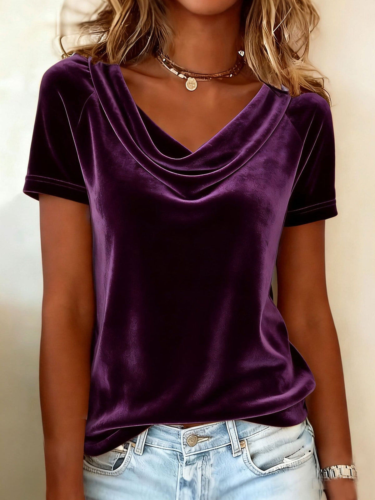 Purple velvet scoop-neck t-shirt with short sleeves and draped cowl neck