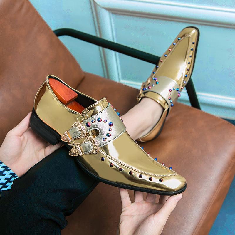 Men's gold metallic loafer-style shoes with rhinestone studs and side buckle strap