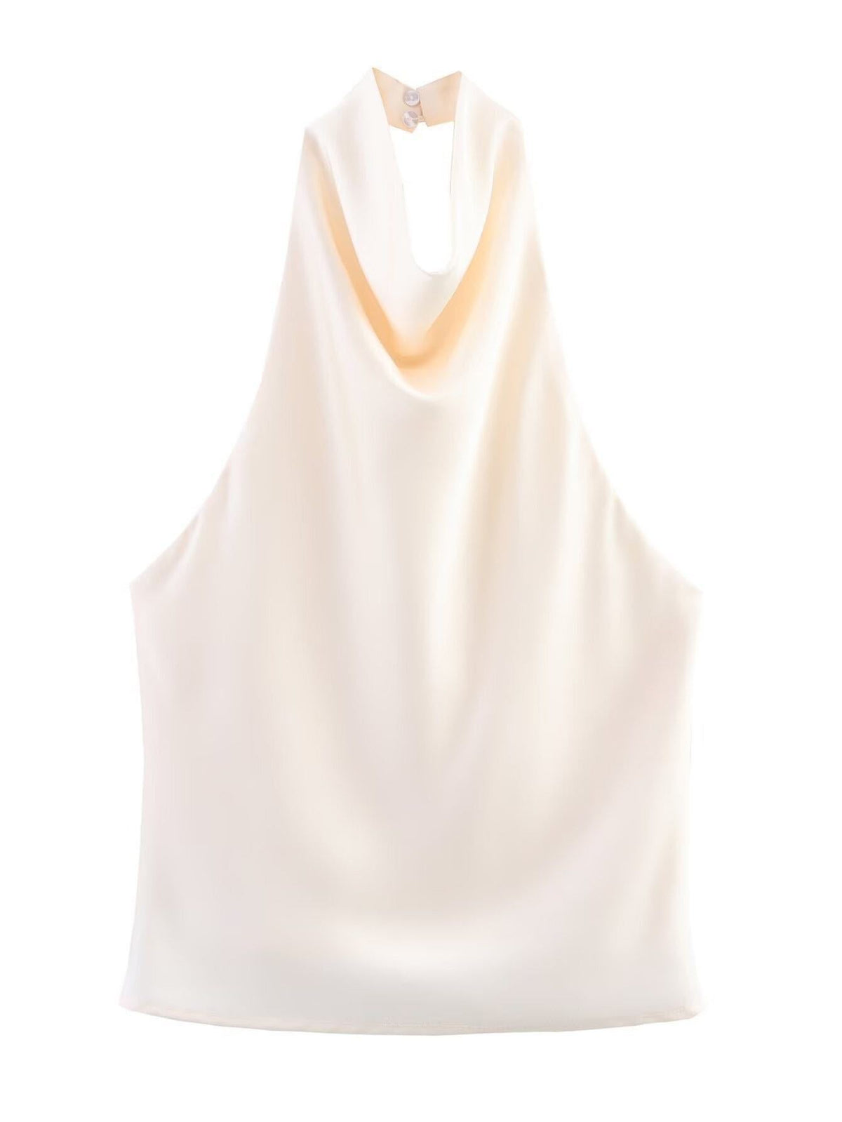 White halter-neck sleeveless vest top with draped cowl neckline
