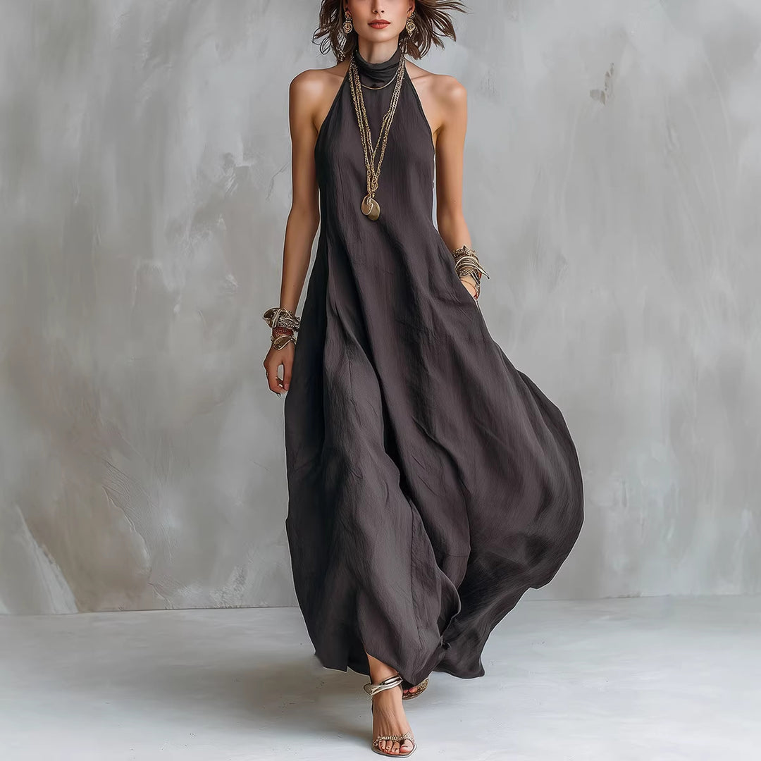 Carbon gray halterneck maxi dress with off-shoulder draped skirt, loose fit