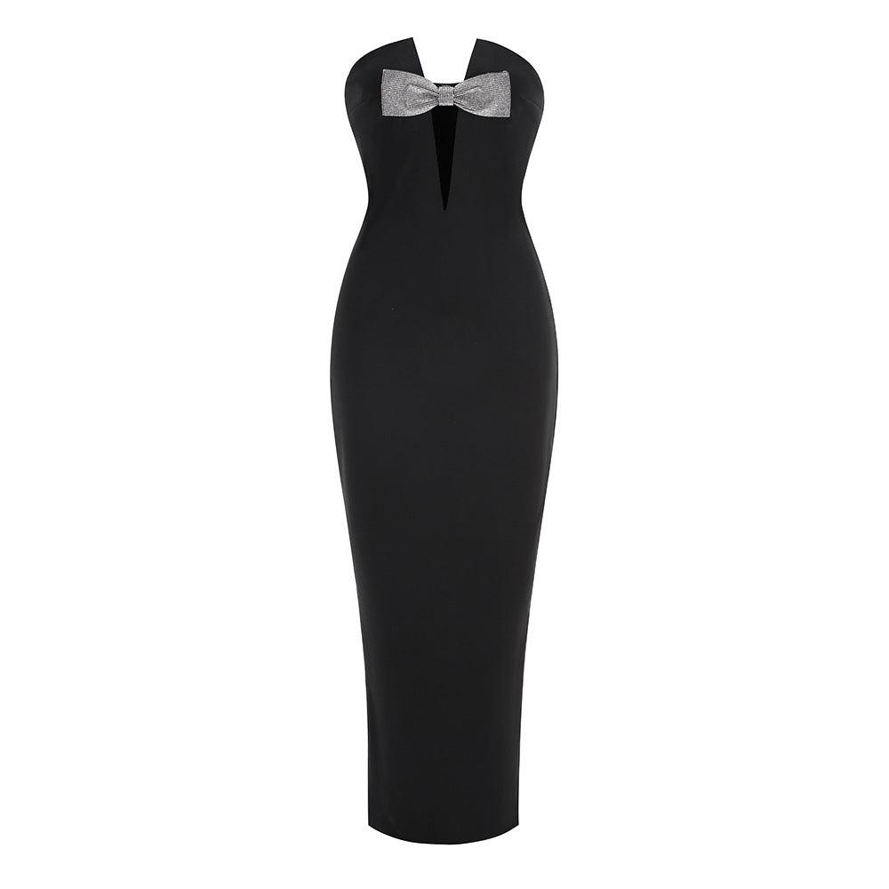 Black fitted strapless midi dress with super deep V neckline and bow-tie detail