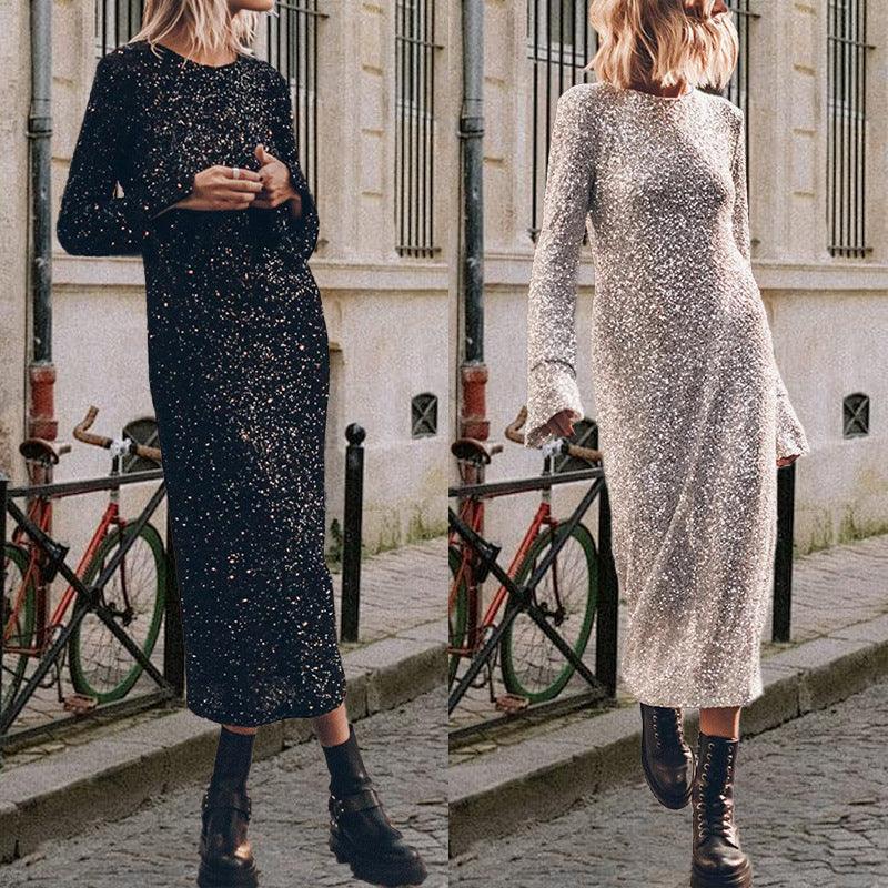 Black long-sleeve sequin midi dress with round neck