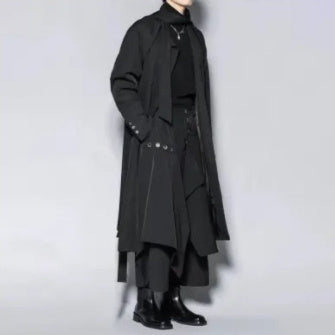 Black long trench coat with asymmetrical front, hood, and buttoned closure