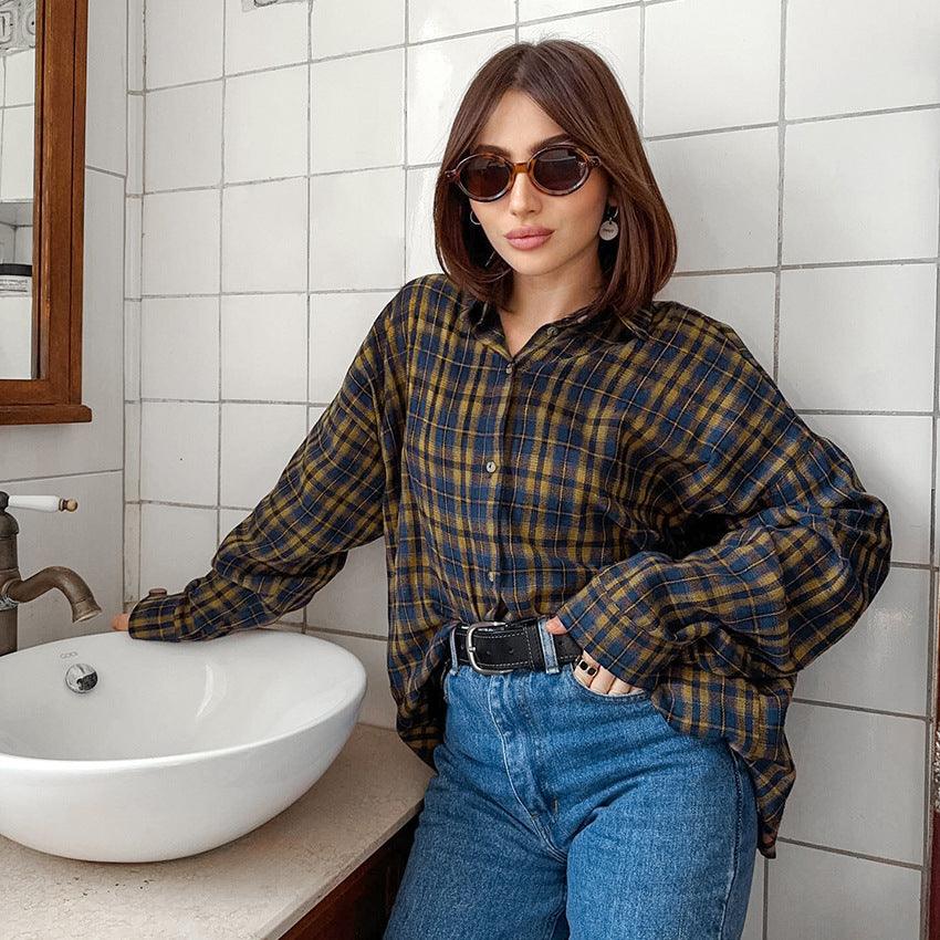 Autumn American Brown Plaid Shirt Women's - WOMONA.COM