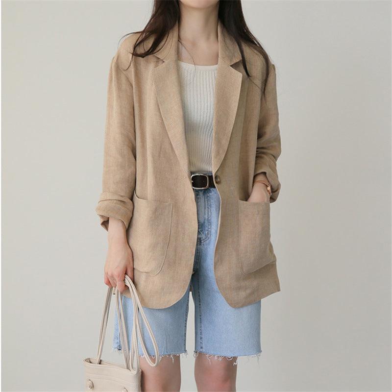 Tan casual cotton-linen blazer coat with notch lapels, front buttons, and patch pockets