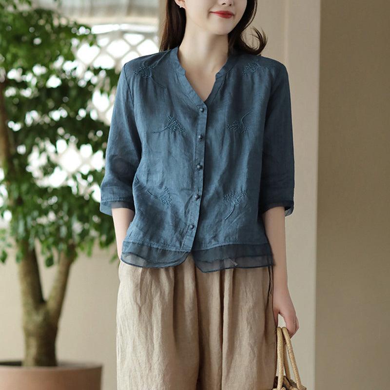 Artistic Yarn Embroidery Printed Shirt - WOMONA.COM