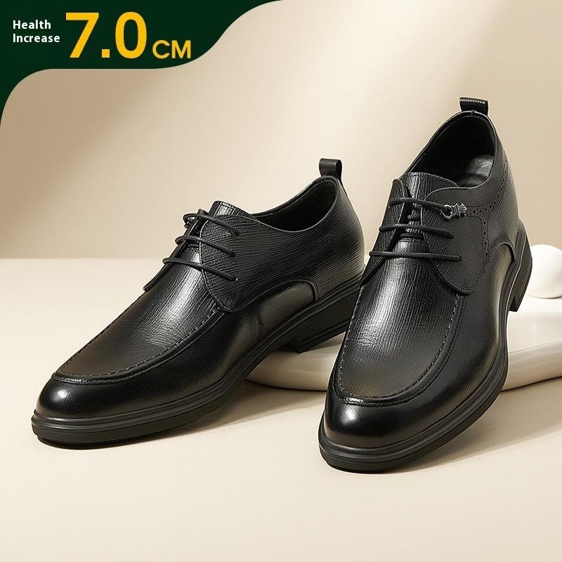 Black leather lace-up dress shoes with rounded toes and low stacked heel, pair view.