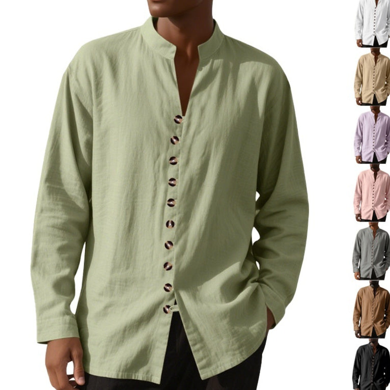 Army green long-sleeve button-front mens shirt with stand collar