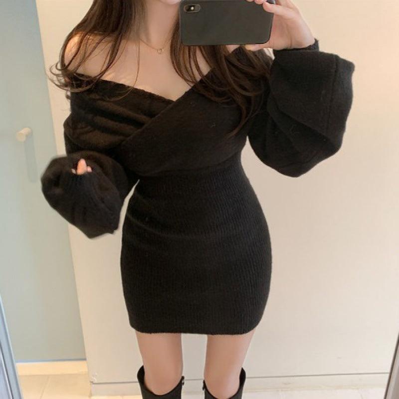 Cross V-neck Hip Women's Knitted Dress Sweater - WOMONA.COM
