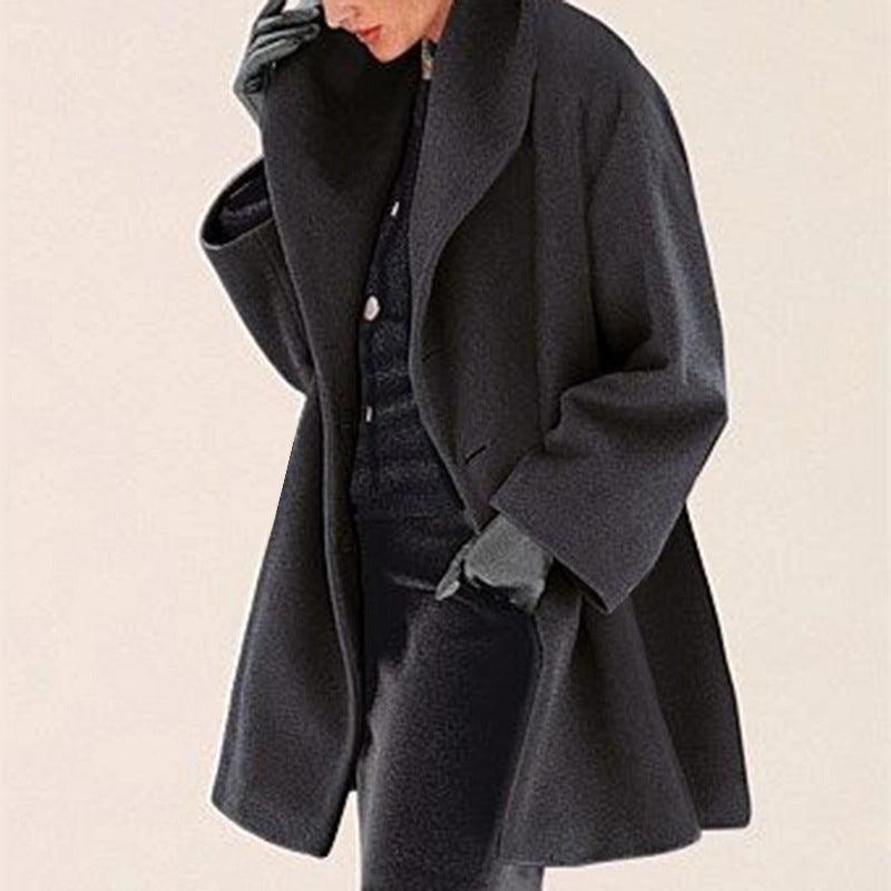 Charcoal black woolen coat with lapel collar, long sleeves, open front, hip-length hem