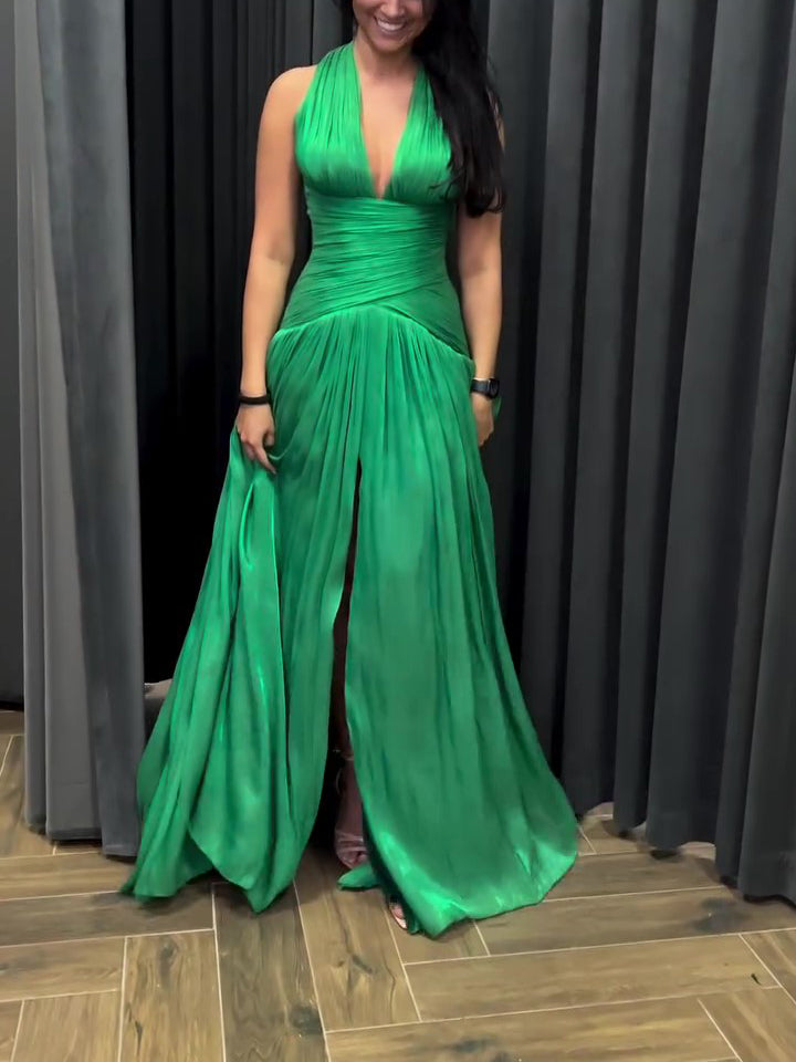 Emerald Green Pleated Plunge-Neck Maxi Gown – product image 1