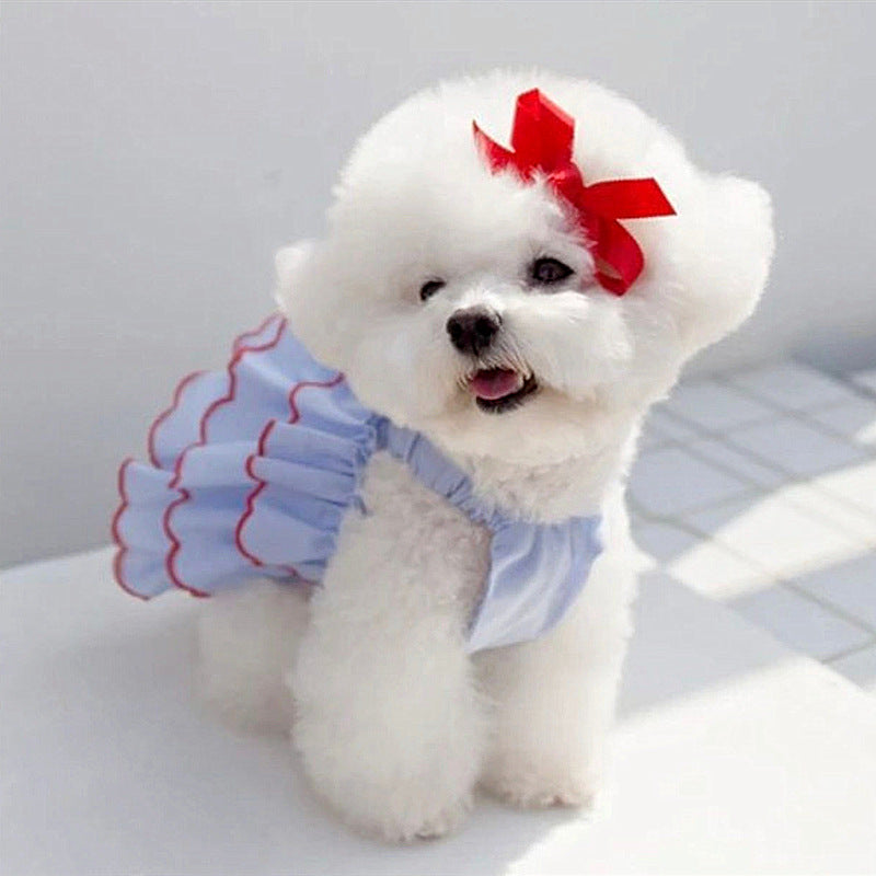 Light blue ruffle dog princess dress with red trim and suspenders