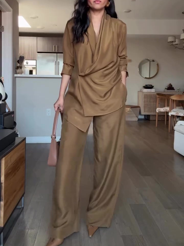 Camel Wrap Blouse & Wide-Leg Pants Set – product image 1