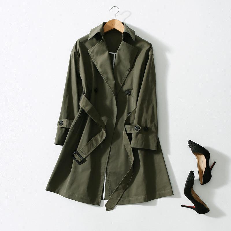 Army green over-the-knee windbreaker jacket with double-breasted front and belt
