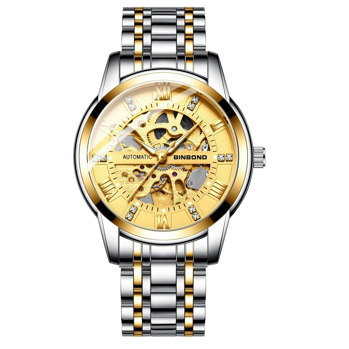 Automatic mechanical watch with silver two-tone bracelet and gold skeleton dial