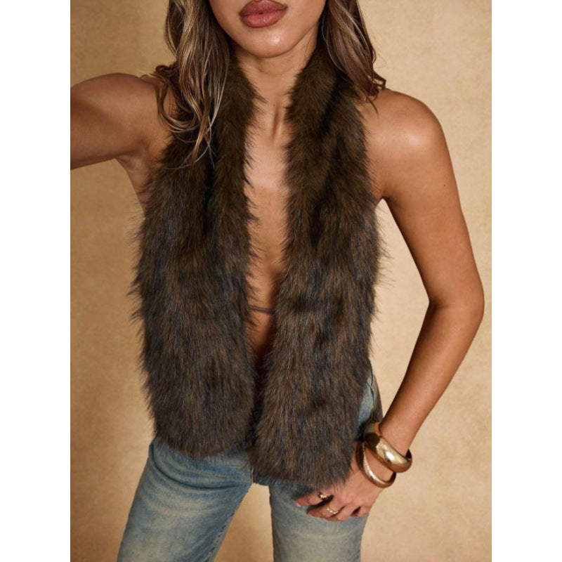 Dark faux-fur halter vest close-up, sleeveless shaggy texture, high neckline