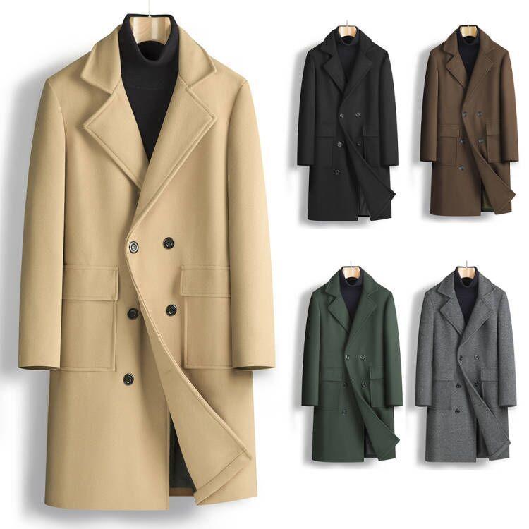 Men's double-breasted mid-length coat in khaki with notched lapels and flap pockets