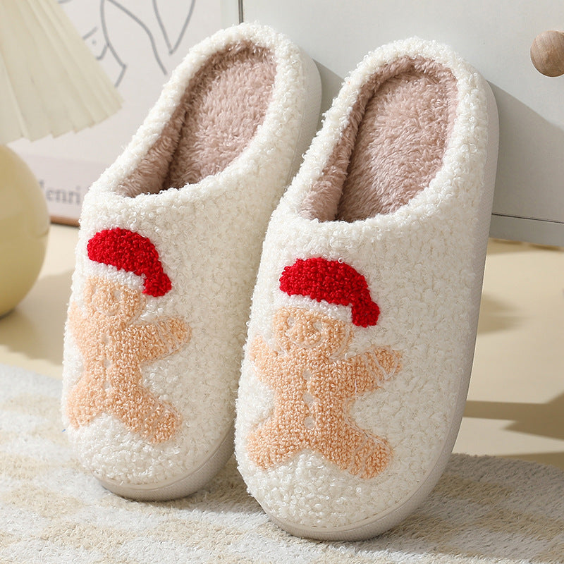 Zapatillas de casa navideñas con bonitos dibujos de Papá Noel, zapatillas de algodón para mujeres y hombres, zapatos cálidos y peludos para invierno