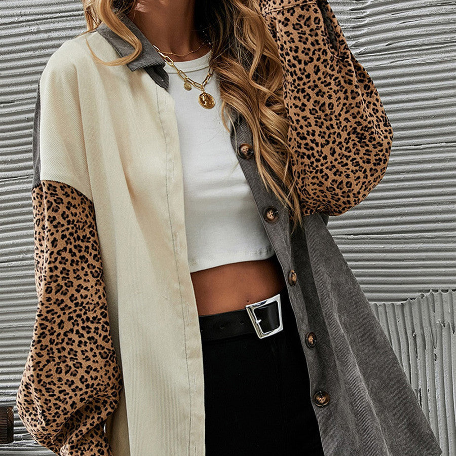 Women's Colour-Block Corduroy Pullover with Leopard Patch