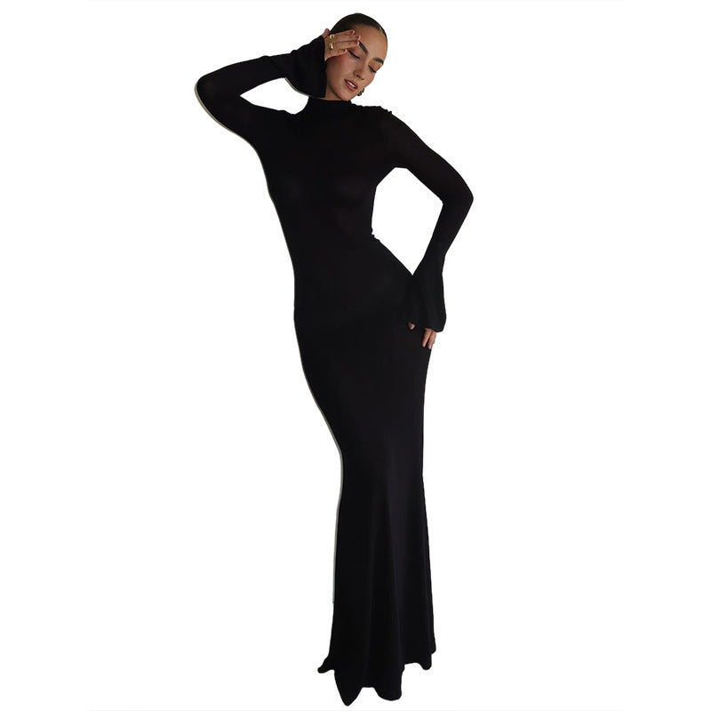 Women's Fashion Round Neck Long Sleeve Slim-fit Sheath Dress - WOMONA.COM