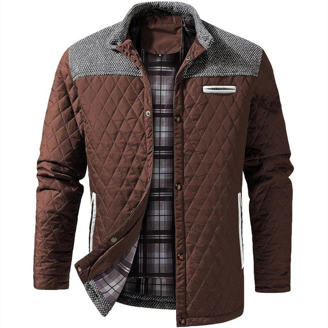 Quilted casual jacket in brown with gray herringbone collar and plaid lining