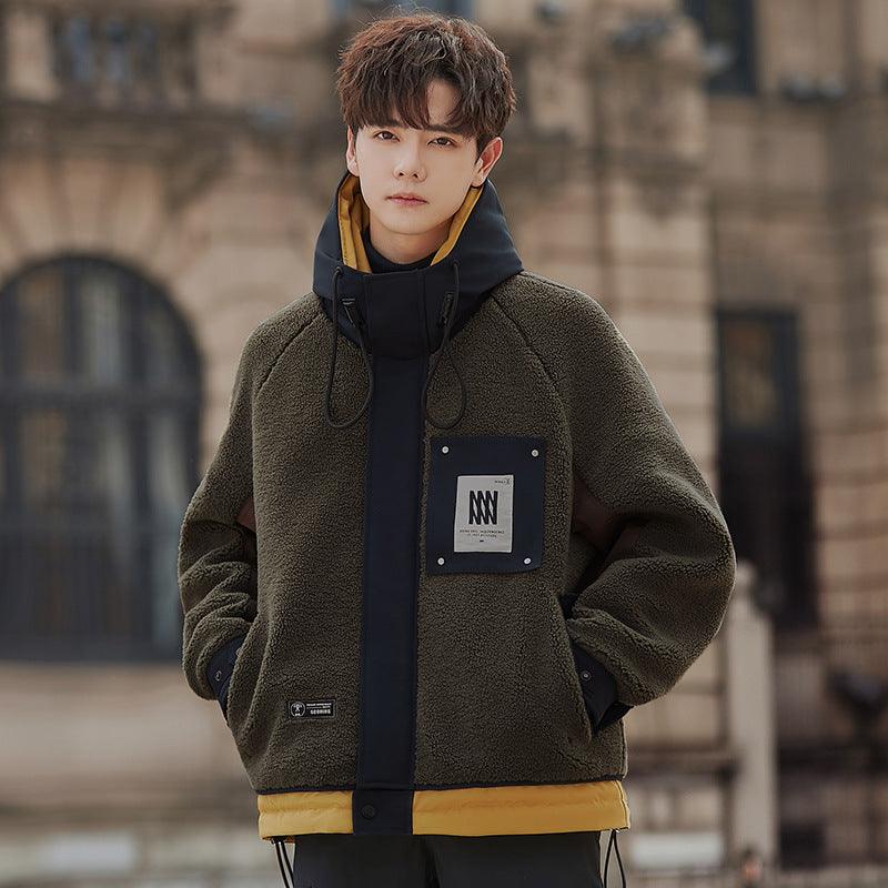 Men's hooded down jacket, dark green fleece with front zipper and yellow hem