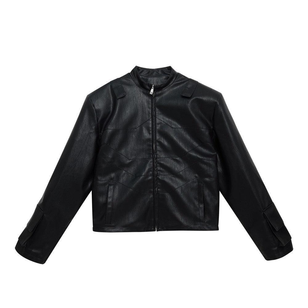 Round Neck Leather Jacket - WOMONA.COM