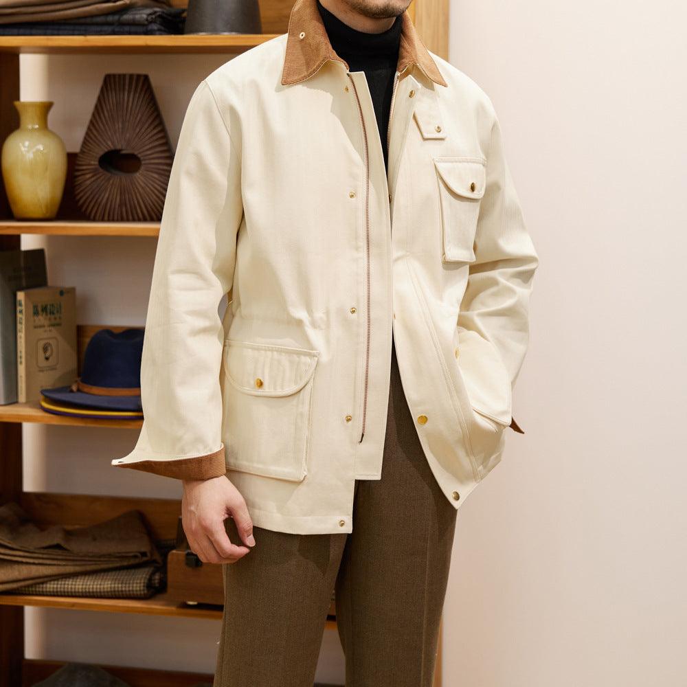 Men's apricot thick trench coat with brown-trim collar and flap chest pockets